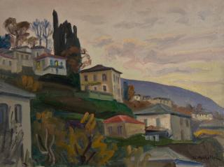 Zagora, View Toward Cypresses, Dusk — Oil painting, Canvas, 46.00×61.00cm — Theodoros Markellos